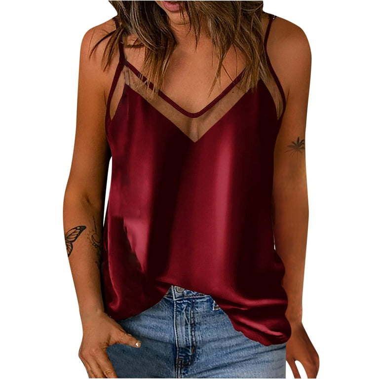 RQYYD Clearance Summer Tank Tops for Women Mesh V Neck Spaghetti Strap  Camisole Loose Fit Satin Sleeveless Shirts Summer Casual Flowy Shirt  Blouse(Wine,XL) 