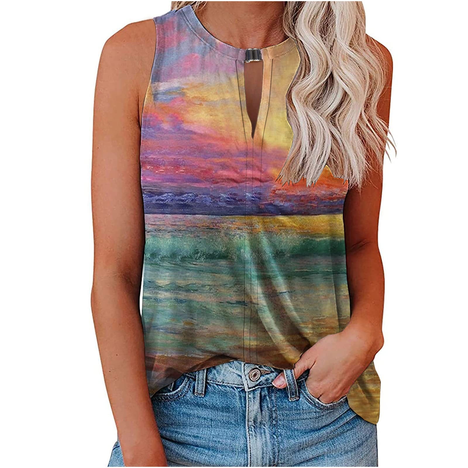 EHQJNJ Tank Tops for Women with Built in Bra Women Fashion Summer Crewneck  Tank Tops Lightweight Sleeveless Vest Solid Tie Dye Loose Fit Graphic Tank  