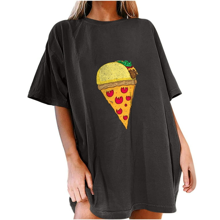 RQYYD Clearance Tshirts Shirts for Women Pizza Ice Cream Print Summer Tops  Drop Shoulder Short Sleeve Shirt Oversized Crewneck Funny Graphic  Tee(2#Dark Gray,XL) 