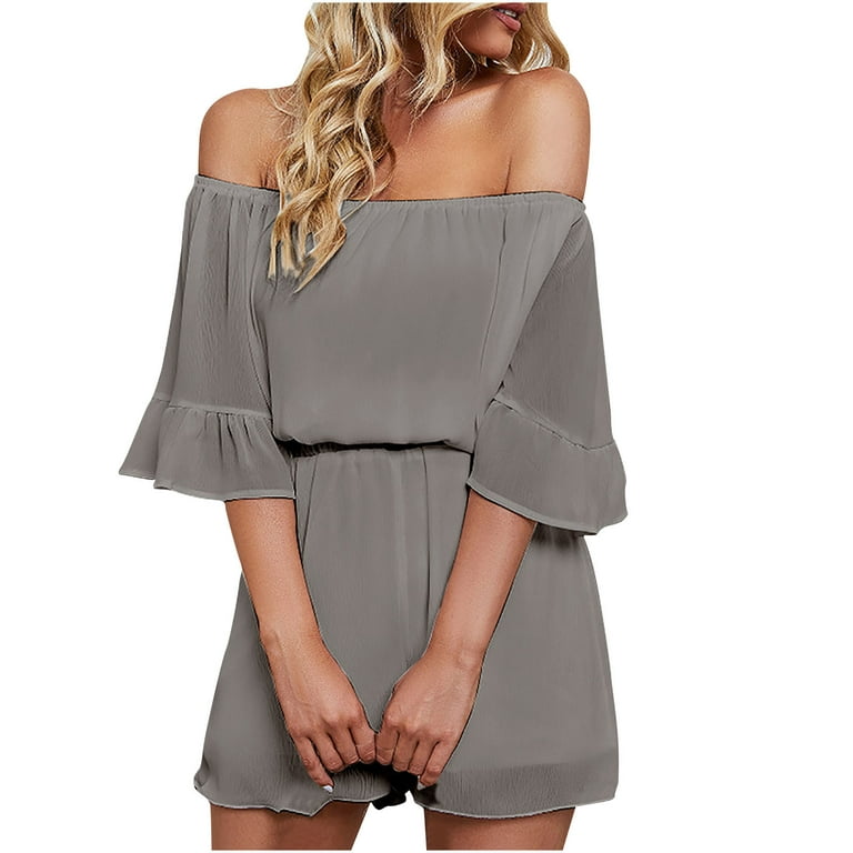 RQYYD Clearance Women Boho Off Shoulder Summer Chiffon Romper Casual Solid  Color Flare Sleeve One Piece Strapless Shorts Jumpsuit(Gray,XL) 