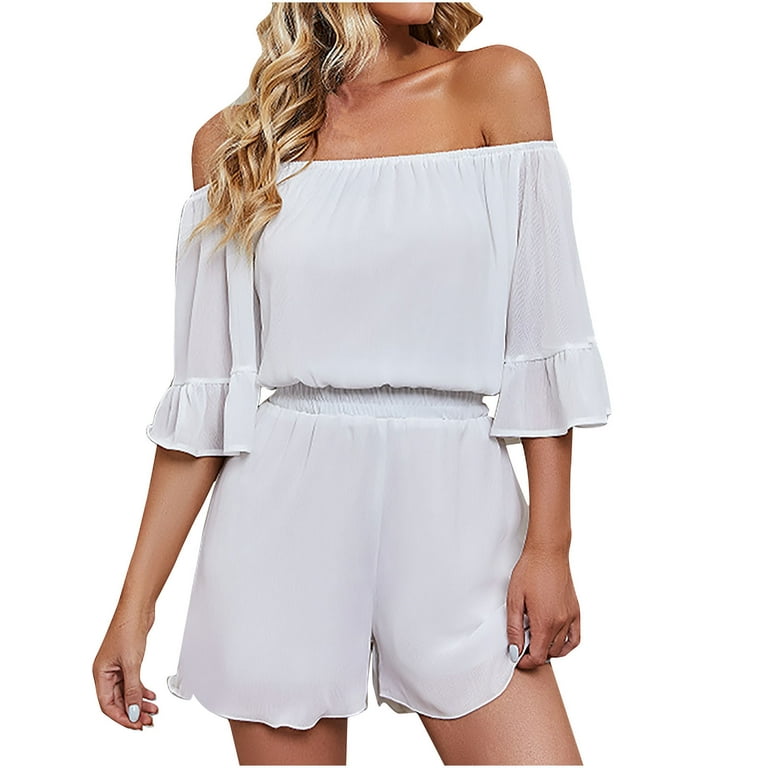RQYYD Clearance Women Boho Off Shoulder Summer Chiffon Romper Casual Solid  Color Flare Sleeve One Piece Strapless Shorts Jumpsuit(White,XL) 