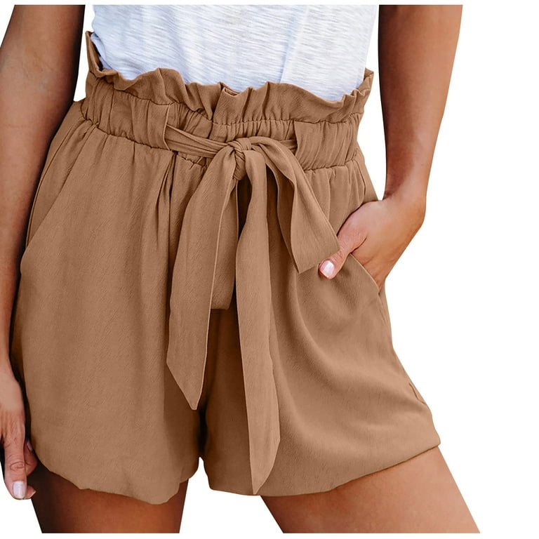 RQYYD Clearance Women Casual Elastic Waist Summer Beach Shorts Summer  Ruffle Short Pants with Pockets Khaki XXL 