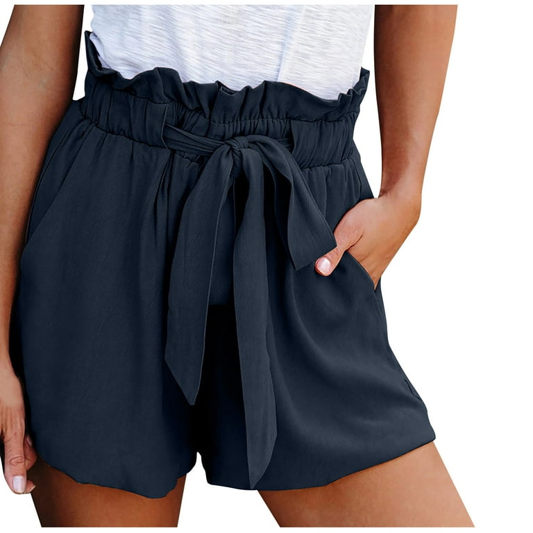 RQYYD Clearance Women Casual Elastic Waist Summer Beach Shorts Summer  Ruffle Short Pants with Pockets Navy M