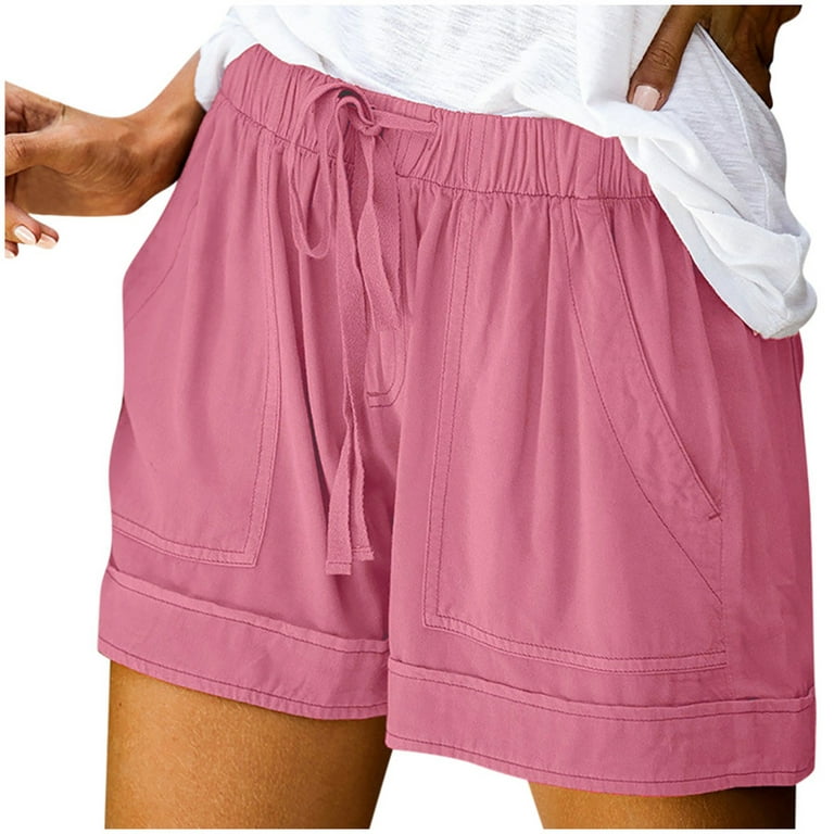 RQYYD Clearance Women Casual Plus Size Shorts Solid Elastic Waist  Drawstring Shorts Summer Beach Lightweight Short Lounge Pants with  Pockets(Pink,M) 