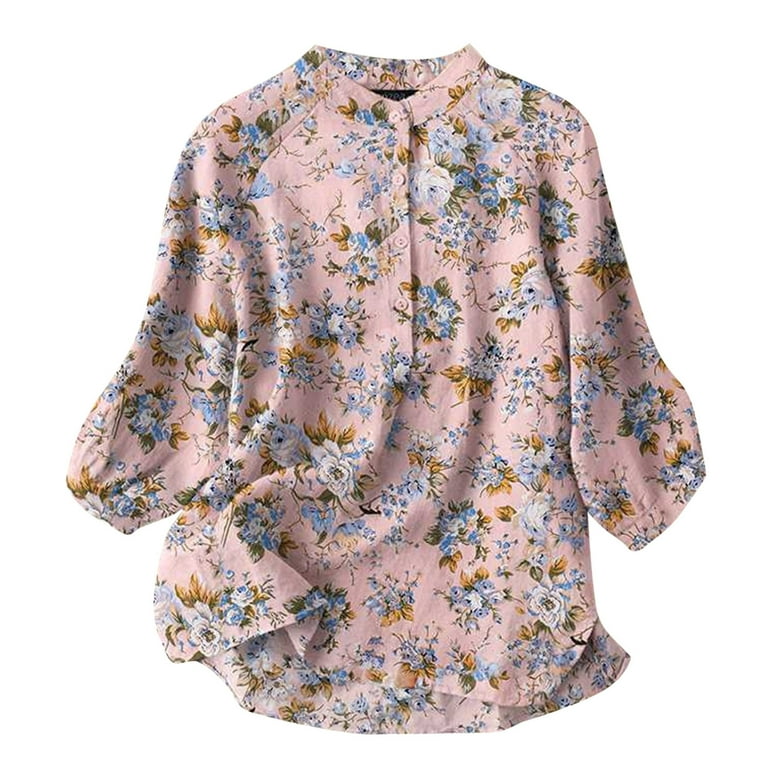 RQYYD Clearance Women Cotton and Linen Top Plus Size Vintage Floral Print  Half Sleeve Shirts Blouse Summer Casual Creweneck Button Up Tunic  Tops(1#Pink,M) 