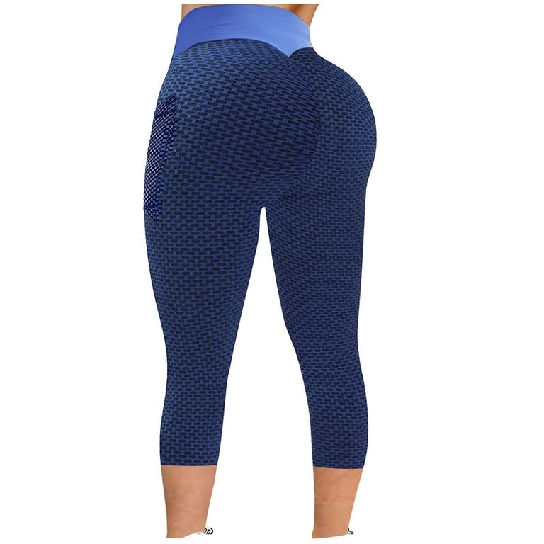 RQYYD Clearance Women High Waisted Workout Yoga Pants Butt Lifting Scrunch  Booty Cropped Leggings Tummy Control Anti Cellulite Textured Tights(Blue,M)