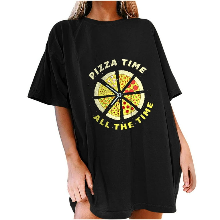 RQYYD Clearance Women Oversized Funny Pizza Graphic Print T-Shirt Crewneck  Short Sleeve Tee Blouse Casual Drop Shoulder Shirt Top 90s Girls(2#Black,M)  