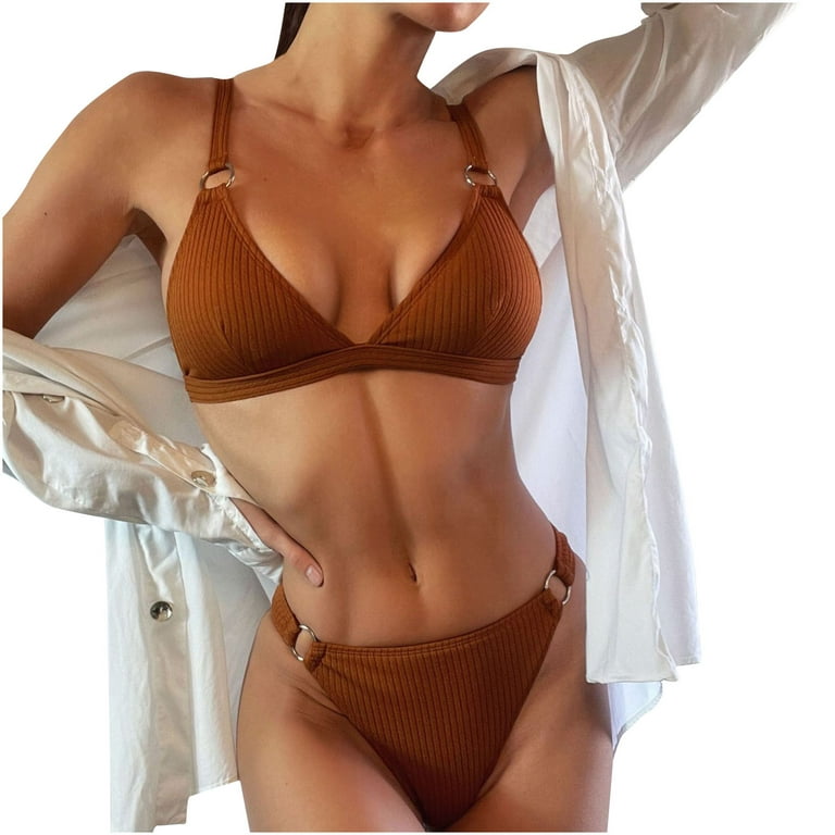 RQYYD Clearance Women Push Up Ribbed Swimsuit Ring Linked Two Piece Bathing  Suits Solid V Neck Bikini Set Brown L 