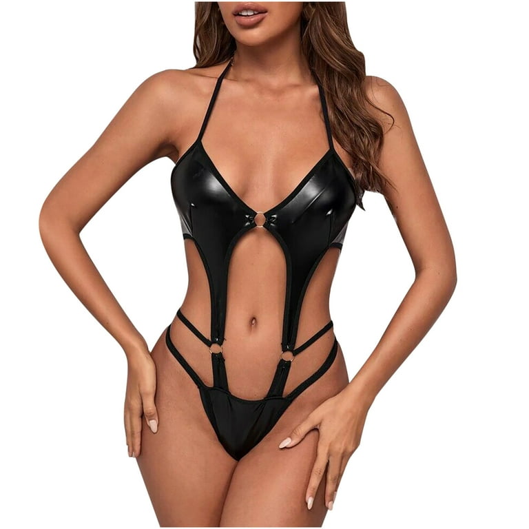 RQYYD Clearance Women Sexy Faux Leather Bodysuit Lingerie Strappy Jumpsuit  Halter Thong Bodysuit Solid Leather Teddy Bodysuit(Black,XXL)