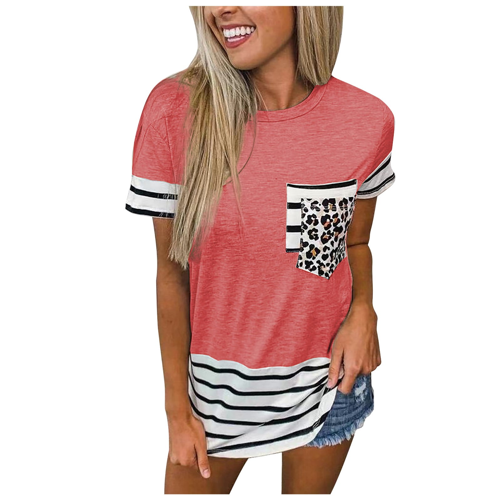 RQYYD Clearance Women's Casual Short Sleeve T Shirts Gradient Print Crew  Neck Tops Comfy Summer Stripe Tees(1#Red,S)