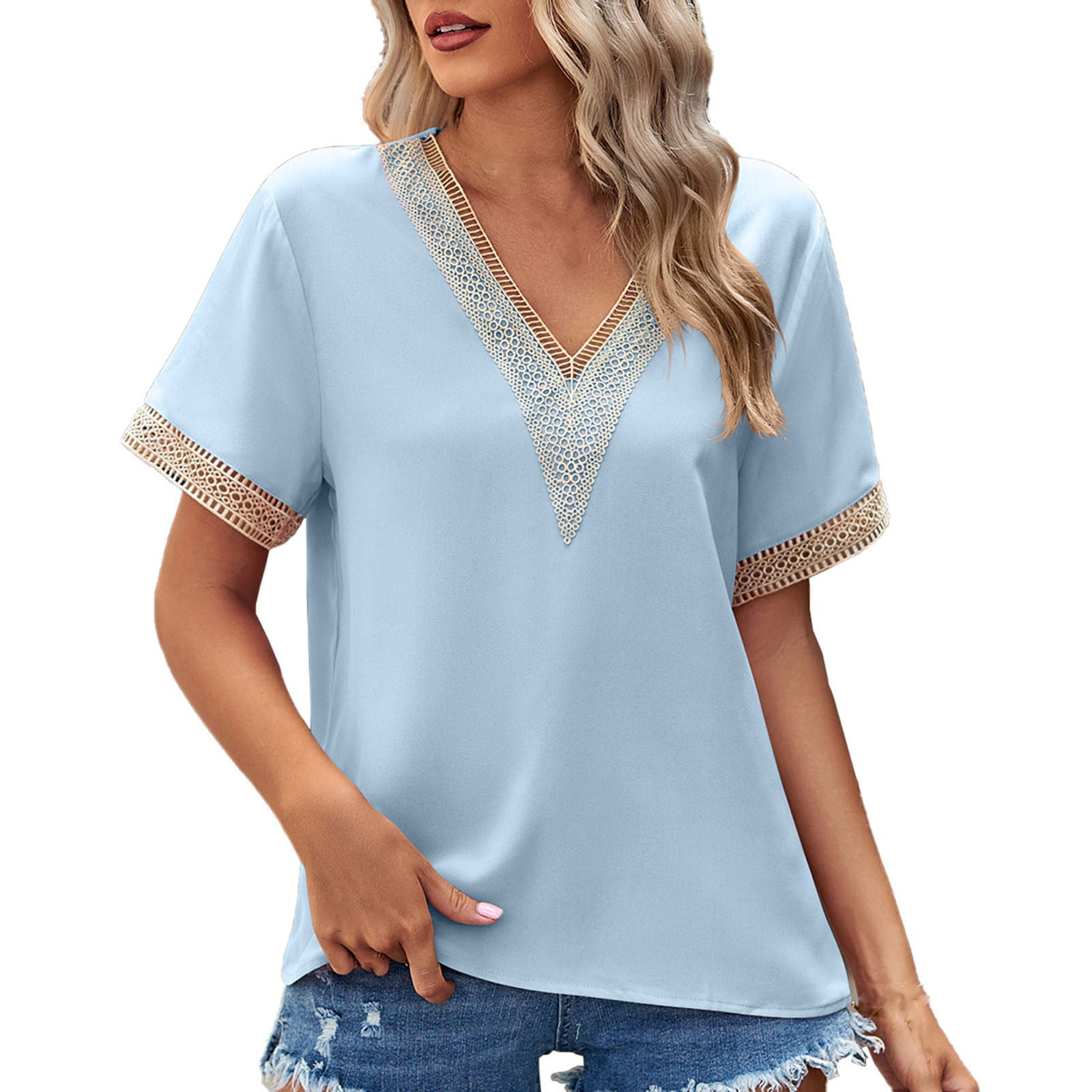 RQYYD Clearance Womens Business Casual Tops Summer V Neck T Shirt Ruffle  Short Sleeve Loose Fit Tunic Blouses Pleated Flowy Tee Shirt(White,XL)