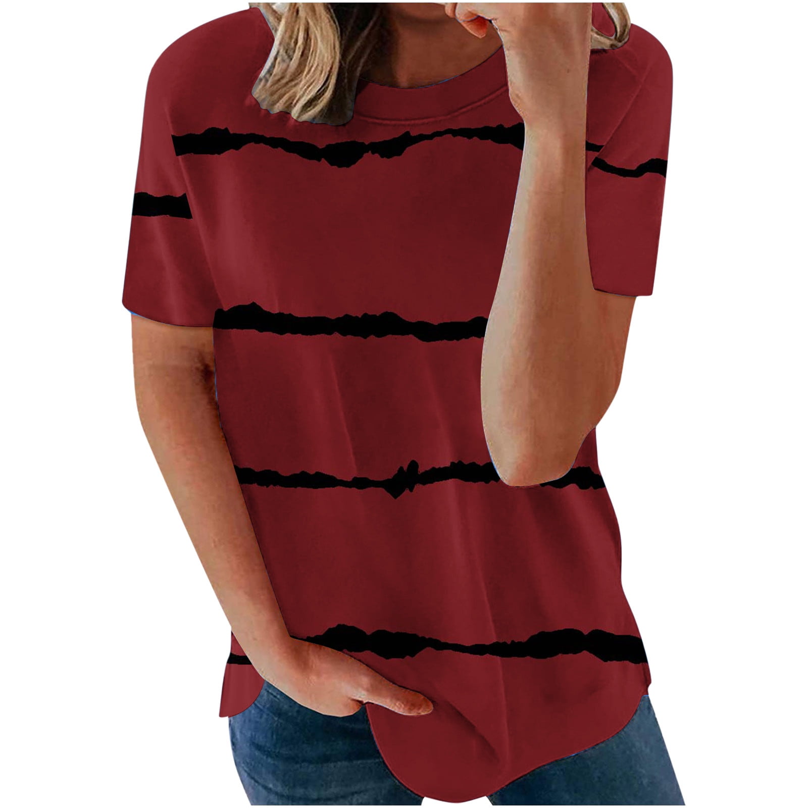 RQYYD Clearance Women's Casual Short Sleeve T Shirts Gradient Print Crew  Neck Tops Comfy Summer Stripe Tees(1#Red,S)