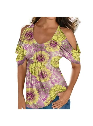 Tops for Women, Womens Floral Printed V-Neck Tops Sexy Cold Shoulder Short  Sleeve Workout Shirts Casual Loose Blouses : : Clothing, Shoes 