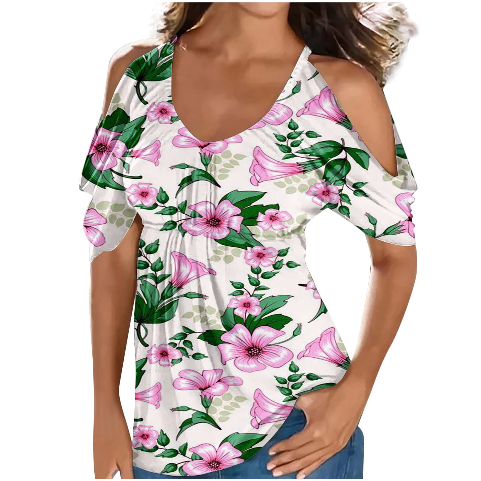RQYYD Clearance Women's Cold Shoulder Tops Pleated Empire Waist Floral  Print Top Short Sleeve Scoop Neck Shirts Casual Blouses Tunics(2#Purple,S)  