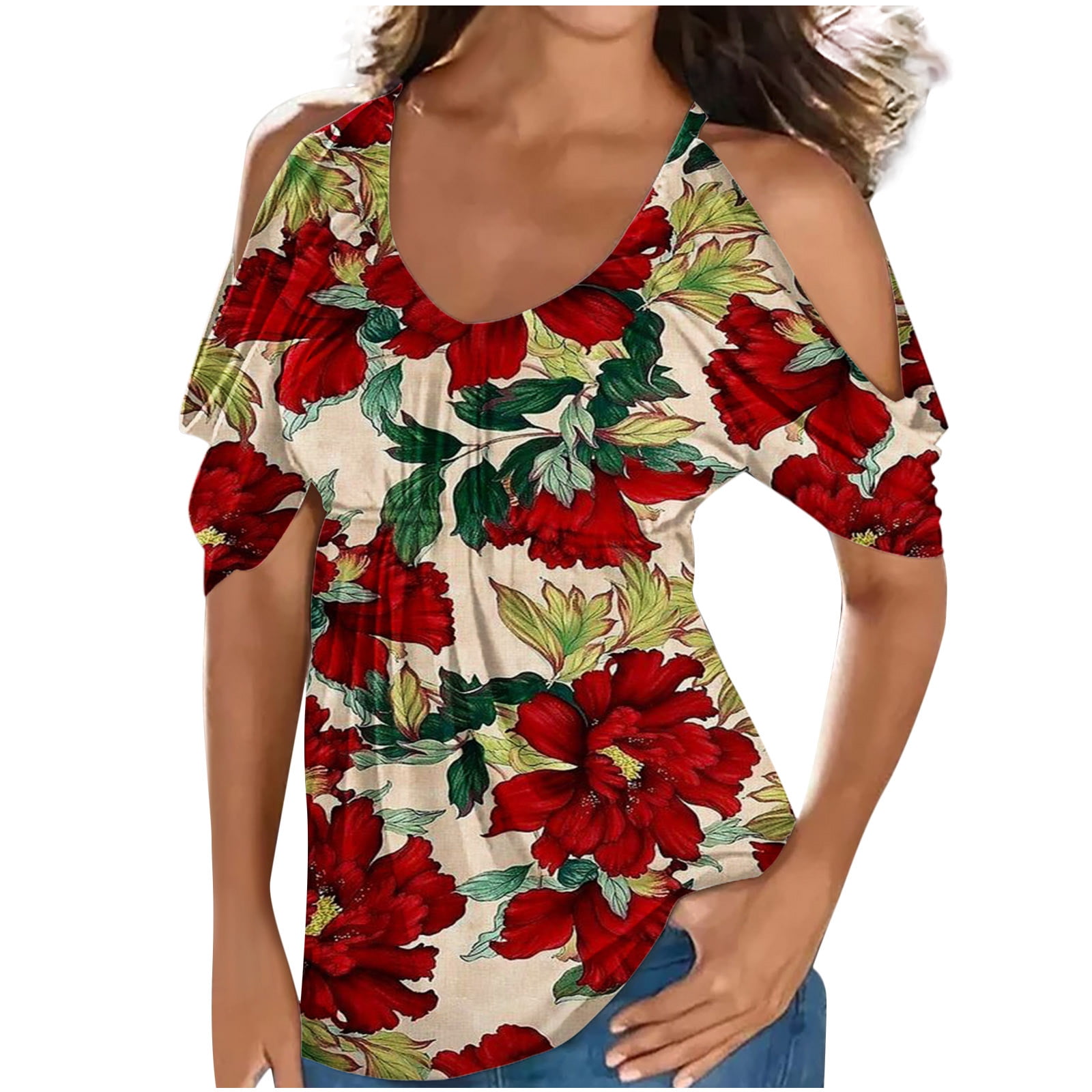 RQYYD Clearance Women's Floral Print Shirts Scoop Neck Short Sleeve T-Shirt  Plus Size Hide Belly Tunic Tops Pleated Cold Shoulder Casual  Blouse(2#Green,S) 