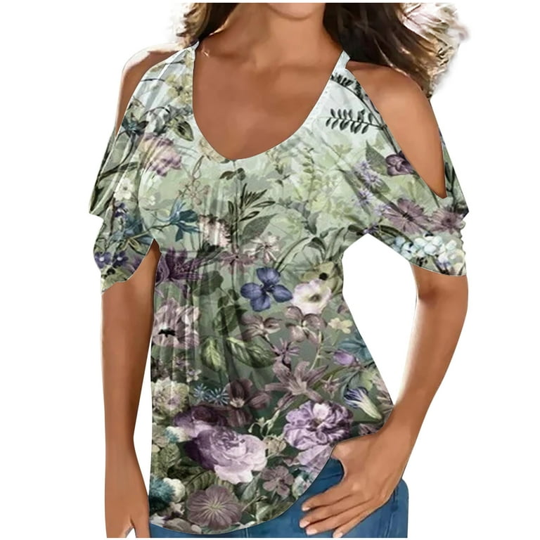 RQYYD Clearance Women's Floral Print Shirts Scoop Neck Short Sleeve T-Shirt  Plus Size Hide Belly Tunic Tops Pleated Cold Shoulder Casual  Blouse(2#Green,S) 