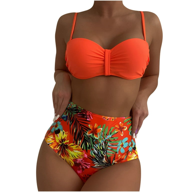 RQYYD Clearance Women's High Waist Bikini Swimsuit Floral Print Two Piece  Bathing Suit Push Up Lace Up Back Swimwear(Orange,S) 