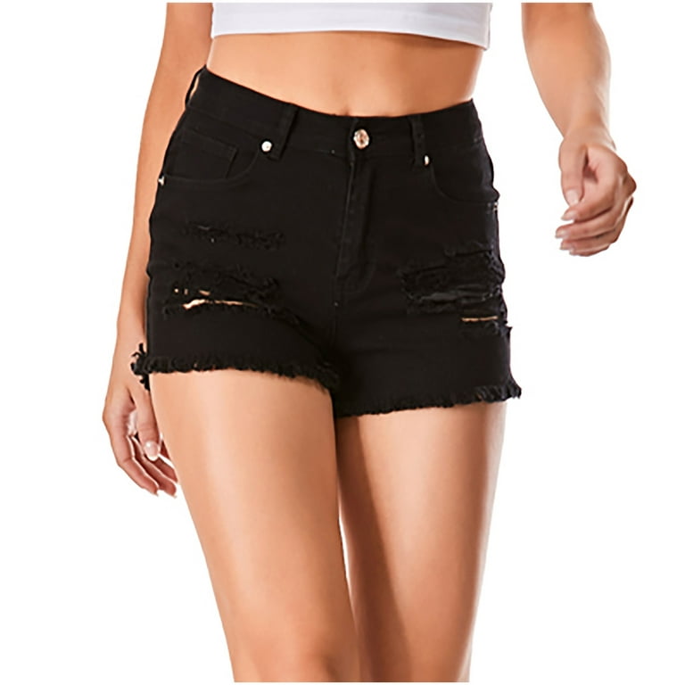 RQYYD Clearance Women's Jean Shorts Summer Hight Waist Ripped Holes  Distressed Fringe Stretchy Denim Shorts Black M 