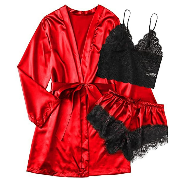 RQYYD Clearance Women's Lace Cami Top and Shorts 3Pcs Satin Silk Lingerie  Set with Robe Pajamas Sleepwear(Red,M) 