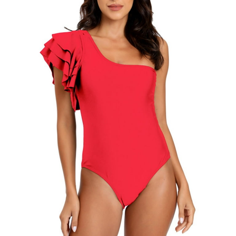 RQYYD Clearance Women's One Shoulder One Piece Swimsuit Double Ruffle  Sleeve Bathing Suit Solid Tummy Control High Waisted Monokini(Red,S) 