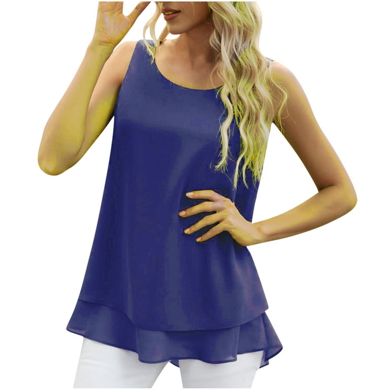RQYYD Clearance Women's Plus Size Sleeveless Chiffon Tank Top Double Layers  Casual Blouse Tunic Summer Scoop Neck Loose Shirts(Navy,S)