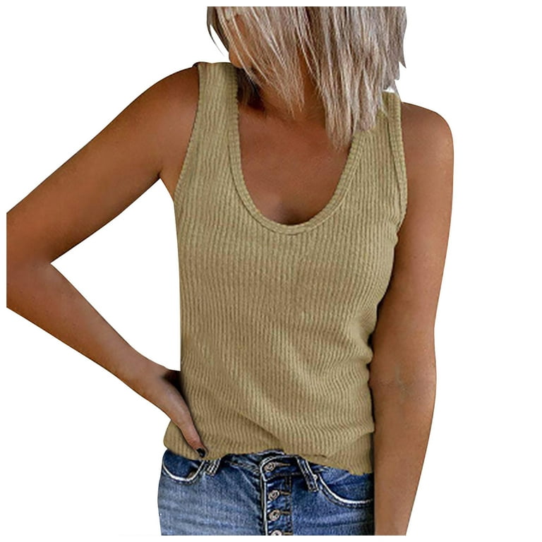 RQYYD Clearance Women's Sleeveless Plus Size Knit Ribbed Tank Tops Summer  Casual U Neck Vest Shirts Solid Color Basic Tee Tops Khaki XXL 