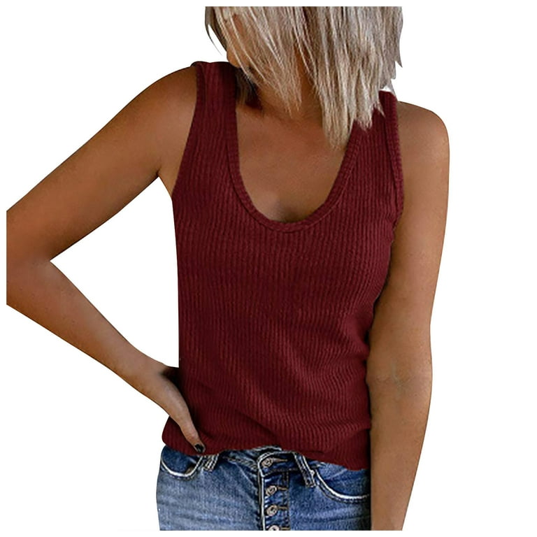 RQYYD Clearance Women's Sleeveless Plus Size Knit Ribbed Tank Tops Summer  Casual U Neck Vest Shirts Solid Color Basic Tee Tops Wine XXL