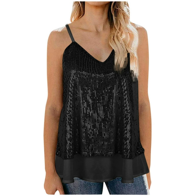 RQYYD Clearance Women's Sleeveless Sequin Tank Tops Casual Spaghetti Strap  Glitter Camisole Tops Summer V Neck Double Layer Sparkly Cami Vest Black