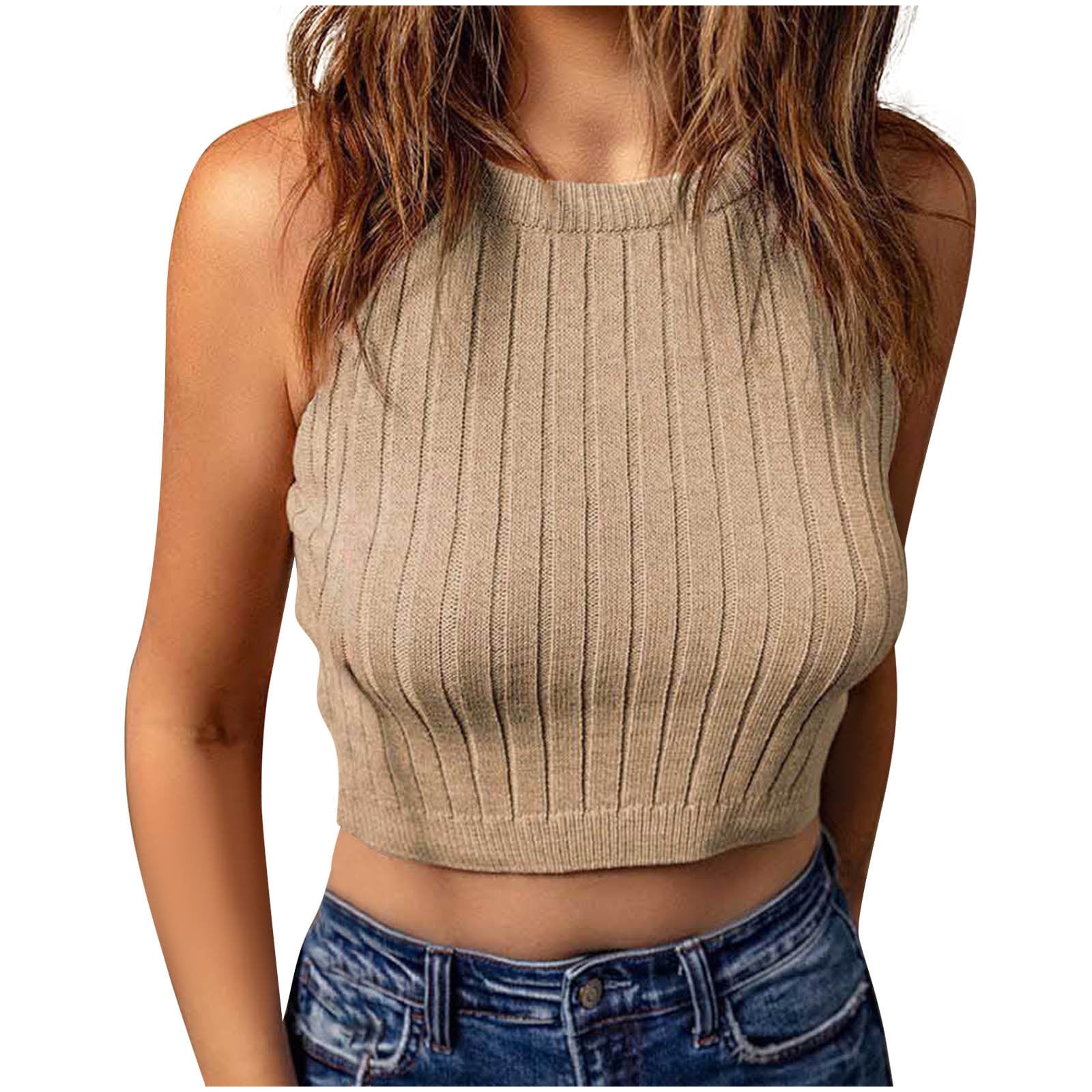 RQYYD Clearance Women's Summer Basic Ribbed Halter Crop Tank Top Sexy  Sleeveless Racerback Vest Cute Slim Fitted Sporty Cropped Cami Tops(Khaki,M)