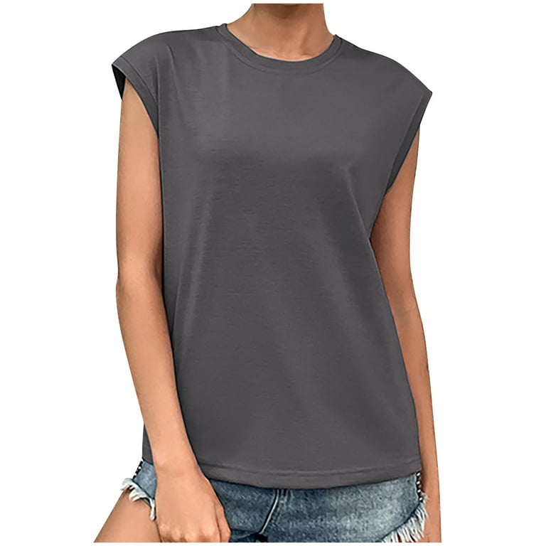 RQYYD Clearance Women's Summer Casual Crewneck Solid Color T Shirts Loose  Cap Sleeve Tee Tops Loose Fit Workout Blouses Dark Gray L 