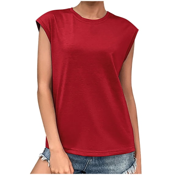RQYYD Clearance Women's Summer Casual Crewneck Solid Color T Shirts Loose Cap Sleeve Tee Tops Loose Fit Workout Blouses Red L