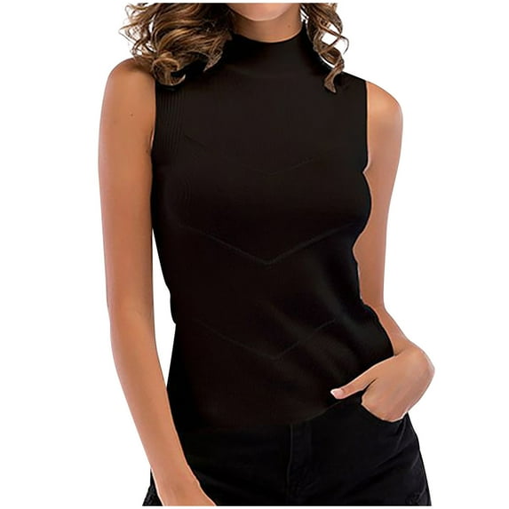 RQYYD Clearance Women's Summer High Neck Sweater Tank Sleeveless Sweater Knit Top Mock Neck Ribbed Solid Pullover Vest Shirt(Black,XL)