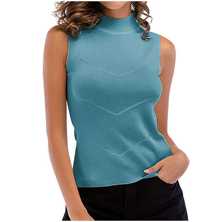 RQYYD Clearance Women's Summer High Neck Sweater Tank Sleeveless Sweater  Knit Top Mock Neck Ribbed Solid Pullover Vest Shirt(Blue,M) 