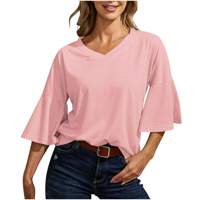 Fashion Short V-Neck Ruffled Trumpet Sleeve T-Shirt Fashion Short V-Neck Ruffled Trumpet Sleeve T-Shirt