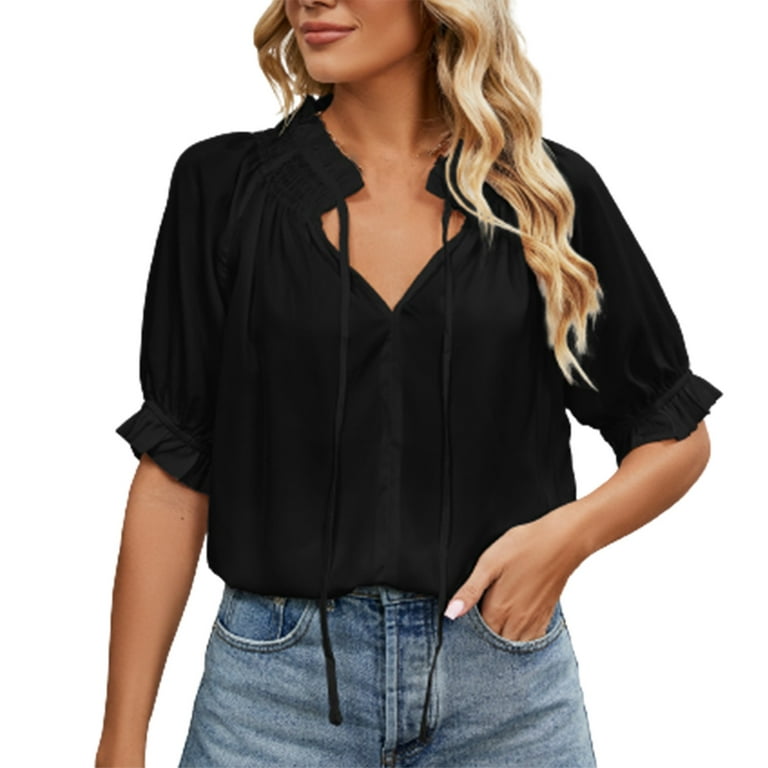 RQYYD Clearance Women's T-Shirt Puff Lantern Short Sleeve Casual Tie V Neck  Chiffon Blouse Summer Loose Fit Solid Color Tops Black XL 