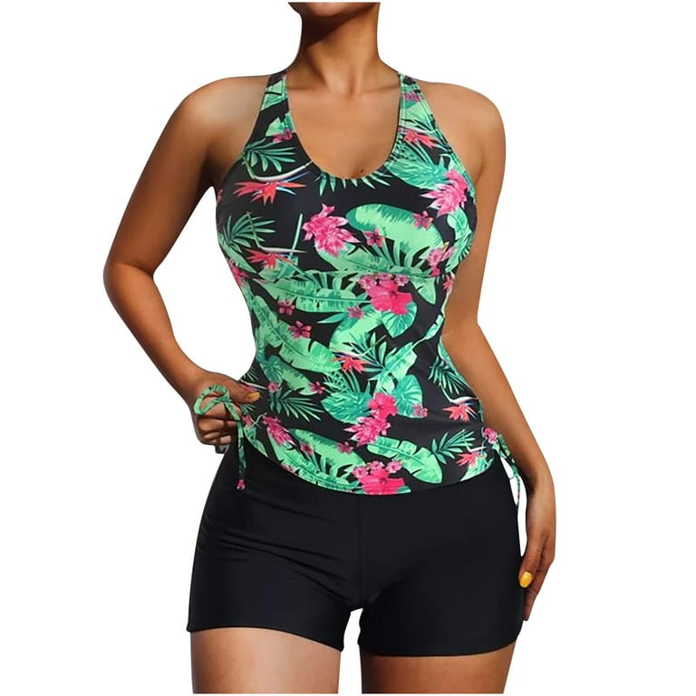 RQYYD Clearance Women's Tummy Control Two Piece Bathing Suits Drawstring  Side Floral Print Tankini Sets with Boyshorts(Green,XXL)