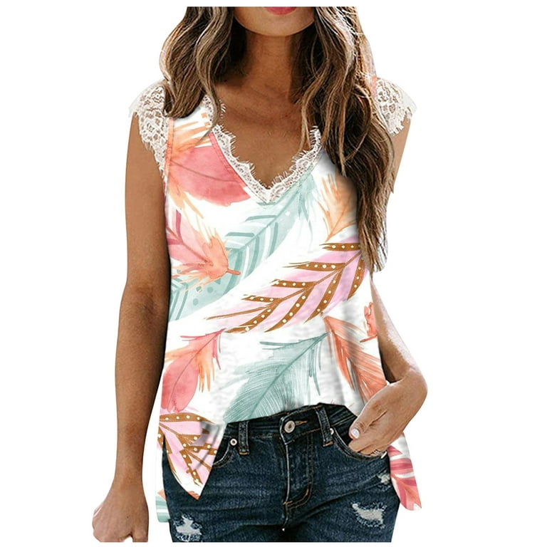 RQYYD Clearance Women's V Neck Lace Trim Tank Tops Summer Casual Sleeveless  Shirts Tops Side Split Floral Print Dressy Blouse(3#Orange,XXL) 