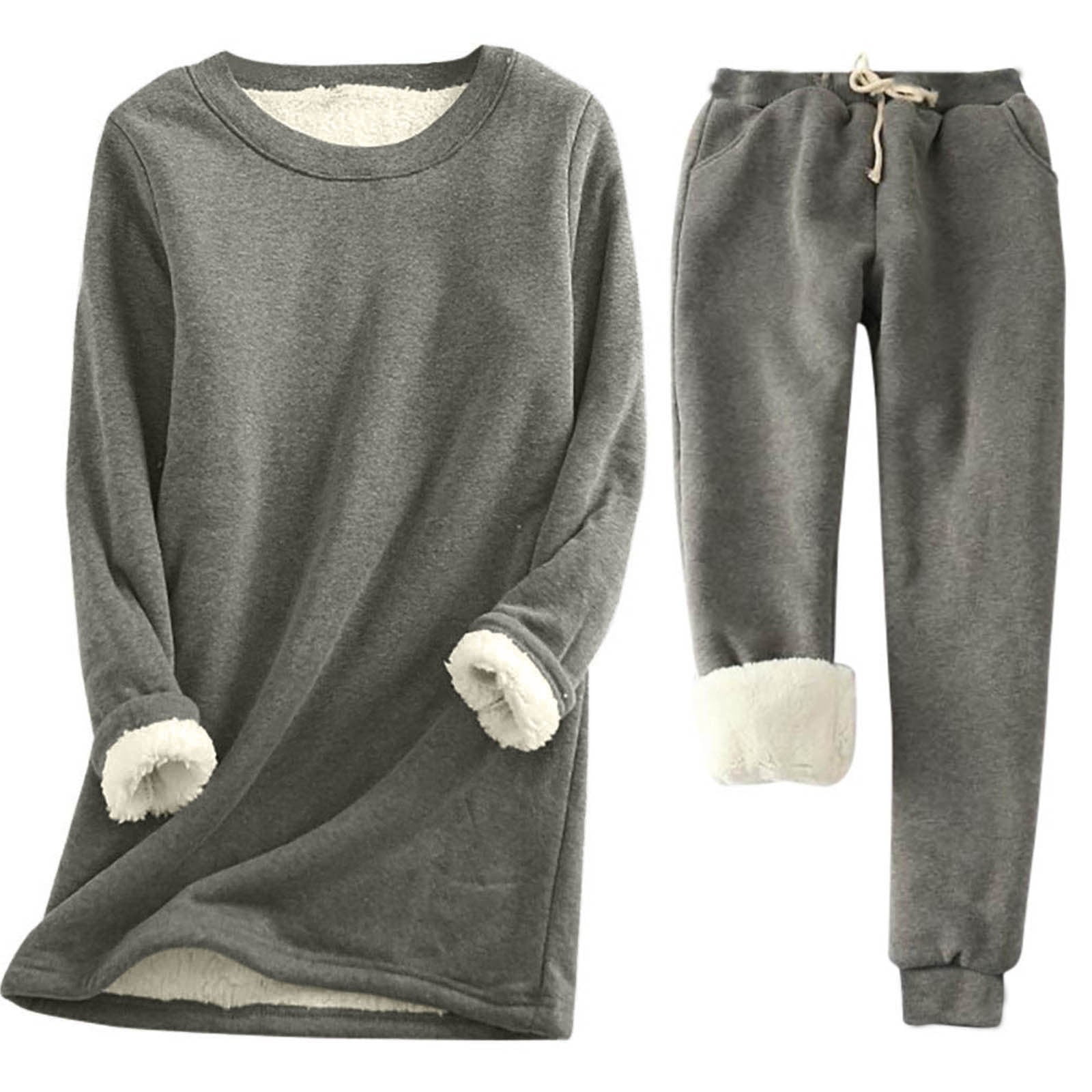 RQYYD Clearance Women's Warm Sherpa Fleece Lined Loungewear Sets Solid  Color Joggers Pants Winter Athletic Sweatshirt Long Sleeve 2Pcs Pajamas Set  Dark Gray 3XL 