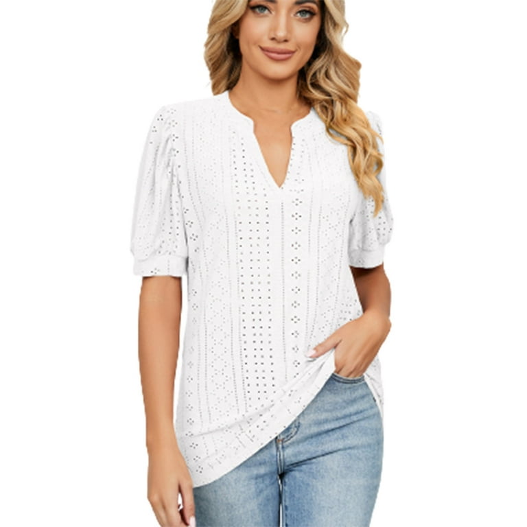 RQYYD Clearance Women's Work Shirts Summer Puff Short Sleeve Eyelet Blouses  V Neck Dressy Casual Tops Casual Loose Fit Hollow Out T-Shirts(White,XXL) 