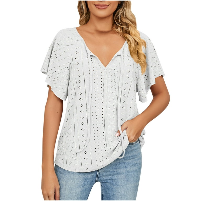 RQYYD Clearance Women's Work Shirts Summer Ruffle Short Sleeve Eyelet  Blouses Drawstring V Neck Dressy Casual Lace Up Neck Tops(White,L) 