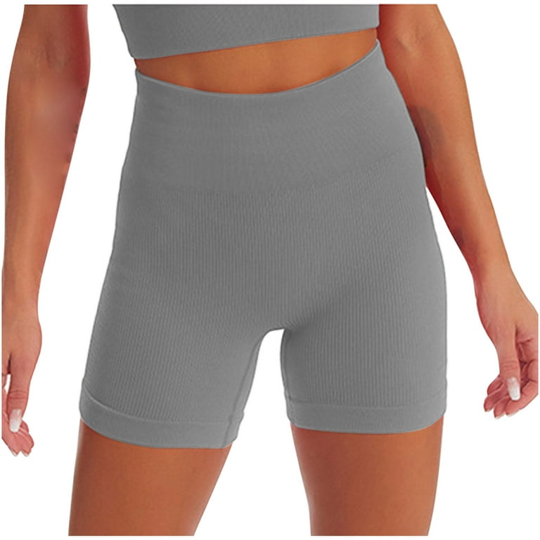 RQYYD Clearance Women's Yoga Shorts Ribbed Seamless Workout High Waist Gym  Shorts Solid Athletic Leggings(Gray,S) 