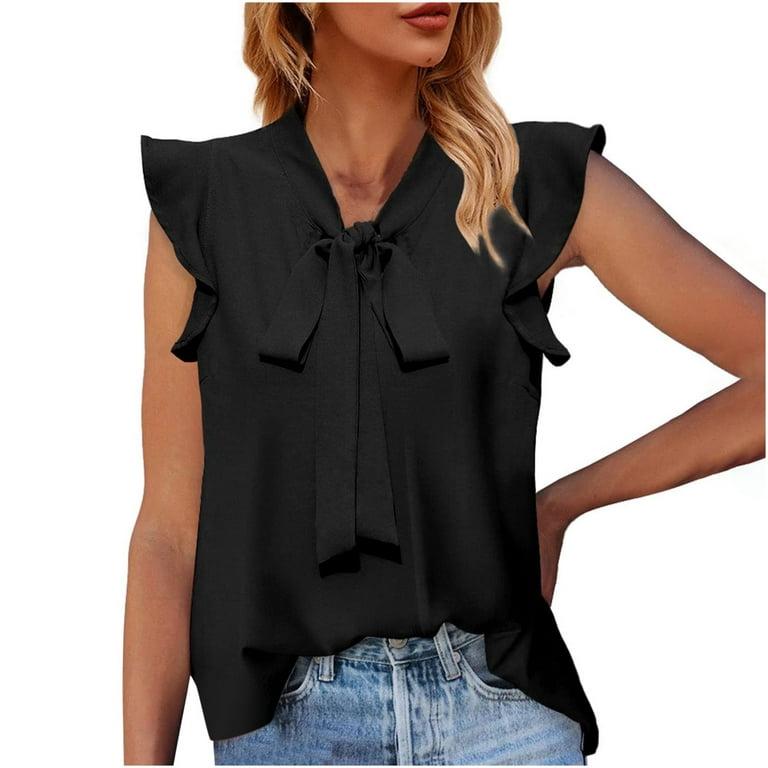 RQYYD Clearance Womens Bow Tie Neck Business Blouses Work Ruffle Sleeveless  Shirts Summer Casual Office Elegant Tank Tops(Black,M) 