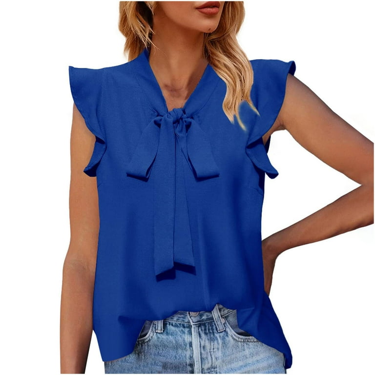 RQYYD Clearance Womens Bow Tie Neck Business Blouses Work Ruffle Sleeveless  Shirts Summer Casual Office Elegant Tank Tops(Blue,XXL)