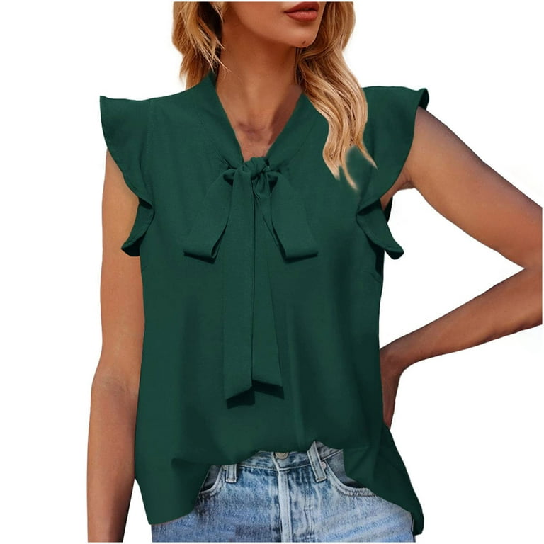 RQYYD Clearance Womens Bow Tie Neck Business Blouses Work Ruffle Sleeveless  Shirts Summer Casual Office Elegant Tank Tops(Green,XL) 