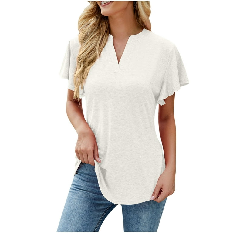 RQYYD Clearance Womens Business Casual Tops Summer V Neck T Shirt Ruffle  Short Sleeve Loose Fit Tunic Blouses Pleated Flowy Tee Shirt(White,XL) 