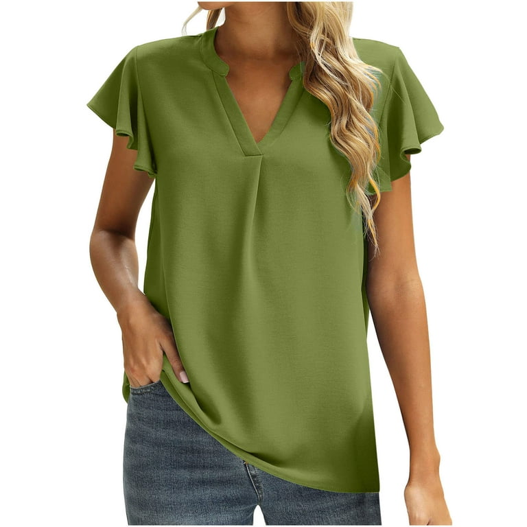 RQYYD Clearance Womens Business Casual Tops Summer V Neck T Shirt Ruffle  Short Sleeve Tunic Blouses Casual Solid Loose Fit Basic Tshirts(Army  Green,S) 