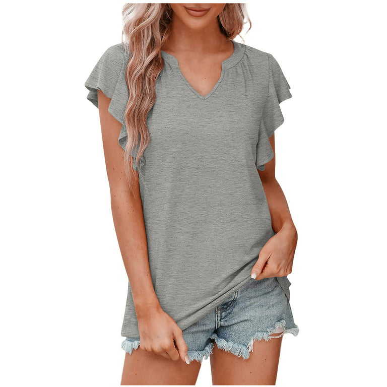 RQYYD Clearance Womens Business Casual Tops Summer V Neck T Shirt Ruffle  Short Sleeve Tunic Blouses Solid Pleated Flowy Tee Shirt Gray XL 