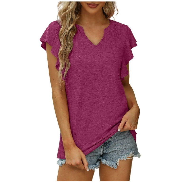 RQYYD Clearance Womens Business Casual Tops Summer V Neck T Shirt Ruffle  Short Sleeve Tunic Blouses Solid Pleated Flowy Tee Shirt Wine L 