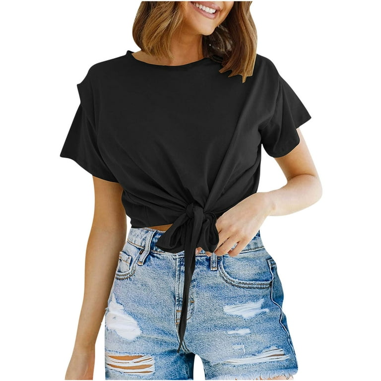 RQYYD Clearance Womens Casual Short Sleeve Tie Knot Front Tops Crew Neck  Summer Solid Crop Top T-Shirt(Black,S) 
