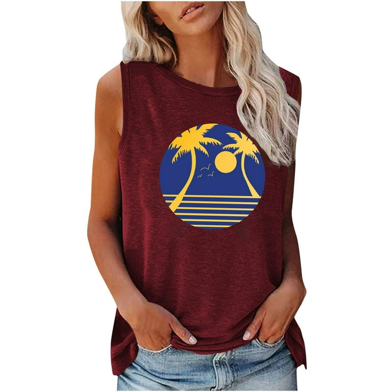 RQYYD Clearance Womens Crew Neck Tank Tops Summer Coconut Tree